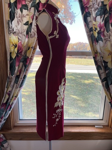 Vintage 40er 50er Jahre Burgunder Samt Cheongsam Frosch Seide bestickt Pinup Kleid S Japan - Bild 2 von 12