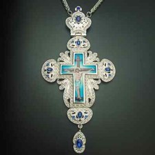  Ciondolo Pettorale Clero Croce Gesù Vetro Cristallizzato Blu Vescovo Cristiano