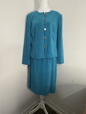 Vtg 90s Leslie Fay Petite Faux Suede Skirt Suit Set Teal Blue 12P Career Casual