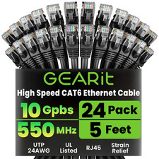 Cat 6 Ethernet Cable Pack - 24-Pack 5 Ft Cat6 Ethernet Patch Cables  RJ45 Netwo