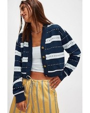 Free People Grace Printed Cardi Sweatshirt Top Buttondown Ribbed Cotton L 284129