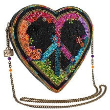 MARY FRANCES Peace Out Beaded Heart and Peace Sign Crossbody Handbag