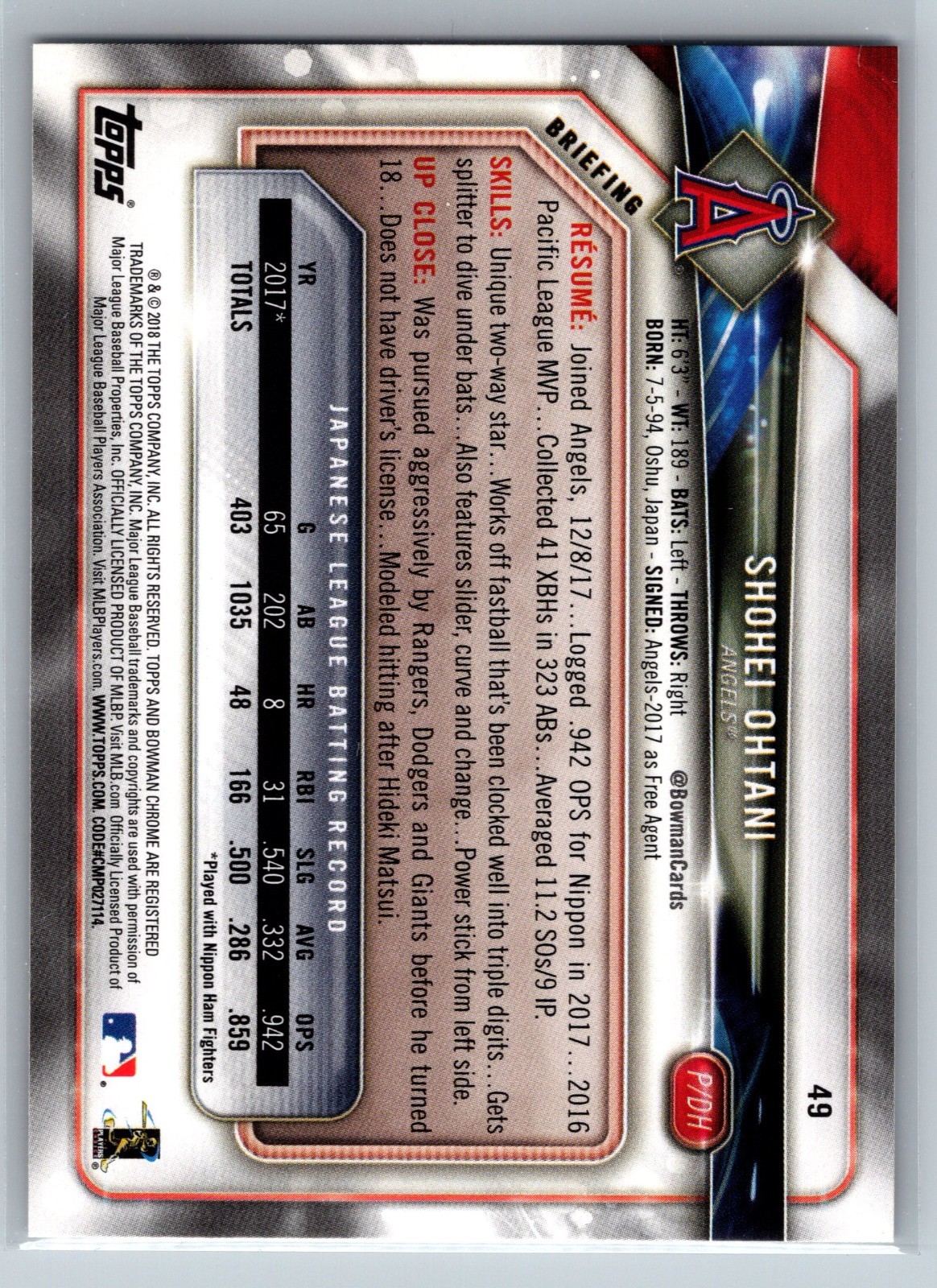 SHOHEI OHTANI 2018 Bowman #49 ~ Angels RC view 2