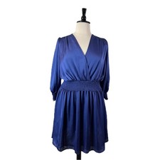 Ophelia Roe Dress V-neck Smocked Waist Ling Sleeves Blue New Satin Women’s XL