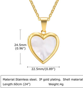 Authentic Gold Plated Stainless Steel Heart Pendant Necklace with Shell Inlay, 24" Chain