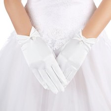 TIESOME Women's Pearl Wedding Gloves Short Satin Opera Gloves, Wrist Length