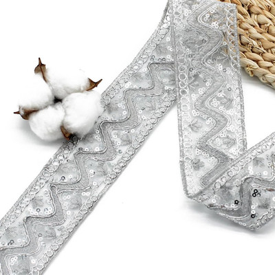 10 Yards 2 Inch Silver Sequin Lace Trim Beaded Metallic Trim Vintage Sheer Paill