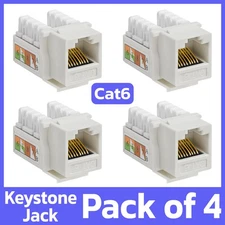 4 Pack Cat6 Keystone Jack White RJ45 Ethernet LAN Network 110 Punch Down Snap-in