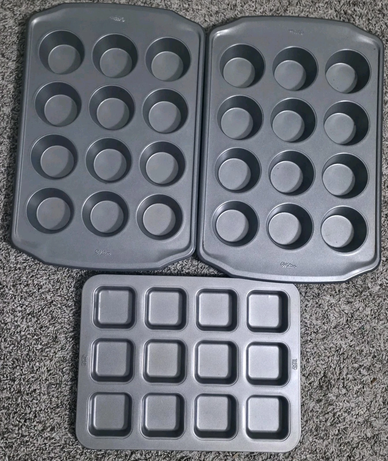 Lot of 3, 2 Wilton Mini Muffin Baking Pans 12 Cavities, And 1 Tasty Square Pan