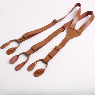 New Two Layer Cowhide Leather Men's Adult Suspenders 6 Buttons Adjustable Braces