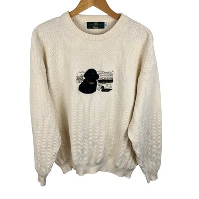 Vintage Orvis Mens XL Cotton Sweater Cream Black Lab Dog Duck Embroidered USA