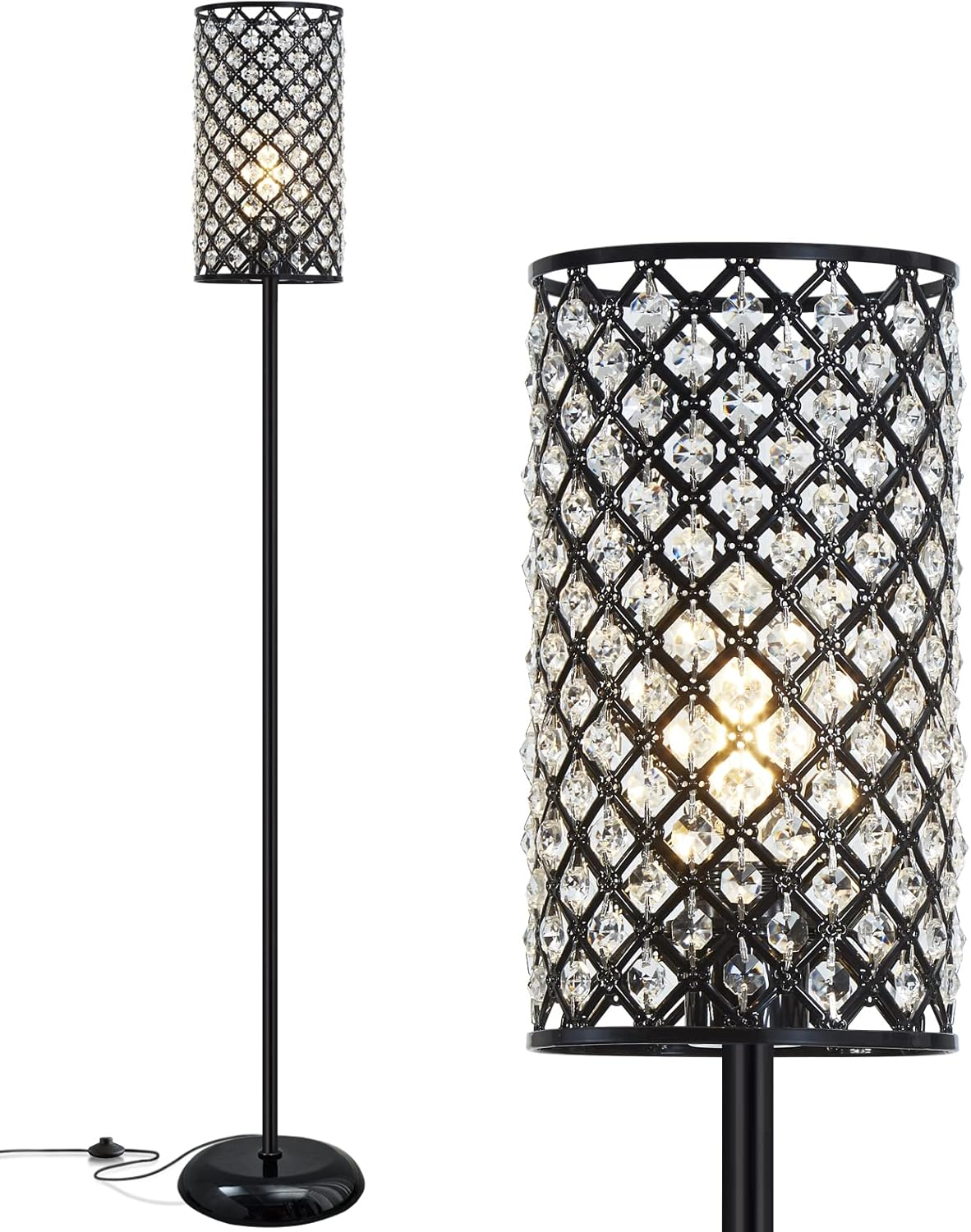 Crystal Floor Lamp, Modern Standing Lamp with Elegant Shade Black Floor Lamp wit