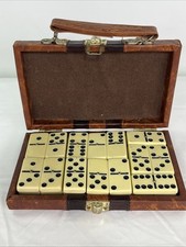 Vintage 28 Piece Double Six Dominoes Brass Spinners Faux Leather Case Travel Set