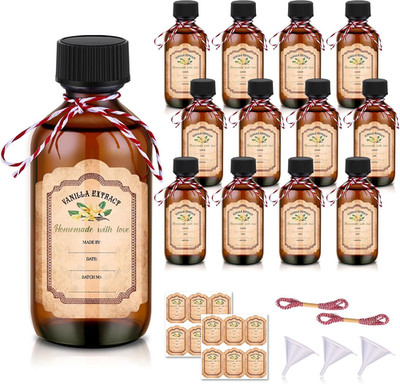 12 Pack Amber Glass Bottles for Vanilla Extract Homemade 2 Oz Vanilla Extract Bo