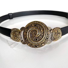 Chicos Adjustable Black Skinny Belt Embellished Gold Silver Tone Buckle Jeweled