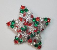 FESTIVE SILVER TONE STARS WITH RED  GREEN RHINESTONES BROOCH  