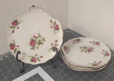 VTG Lefton Hand Painted Set Of 4 Snack Plates Gold Trim Dk Pk Rose Shell Shape