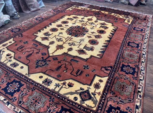 Afghan Heriz Rug 9x12 Tribal Geometric Serapi Rust Cream Navy Wool on Wool - Picture 2 of 12