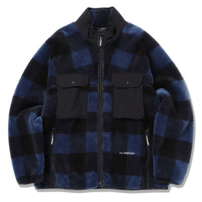 And Wander Check Boa Jacket Blue