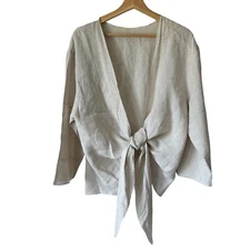 Match Point Beige LinenTie Front Cardigan M Lightweight Neutral Lagenlook Casual