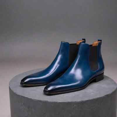Handmade Blue Genuine Leather Dress Formal Casual Classic Chelsea Boots For Men.