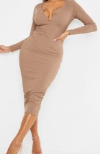 Ribbed Button Front Long Sleeve Midi Dress US 4 Mocha 