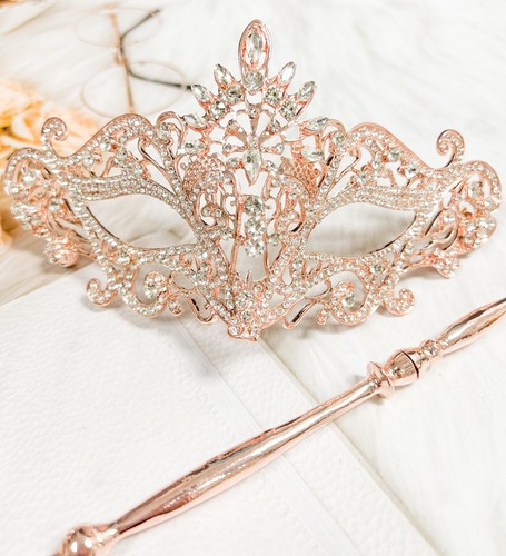 Rose Gold Masquerade Mask, Clear Crystal Masquerade Mask with Stick, Prom Mask - Picture 4 of 10