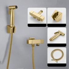 Brushed Gold Bathroom Toilet Bidet Sprayer Douche Double Outlet Angle Valve Set