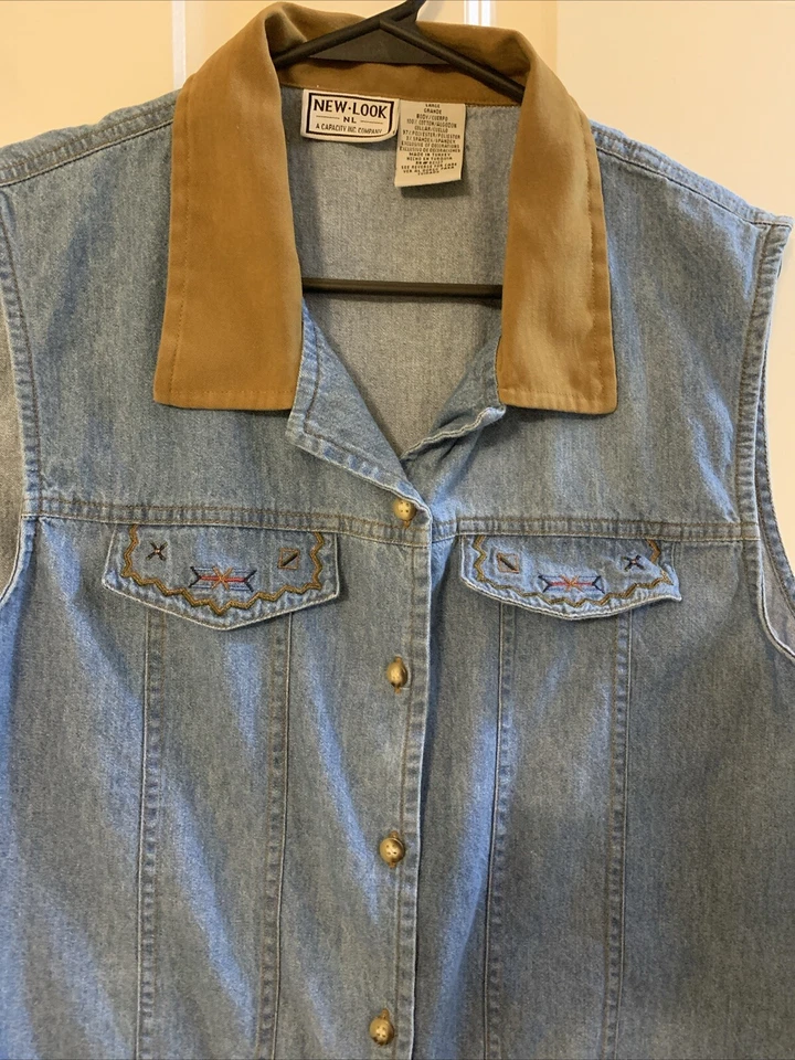 Chaleco Denim Vintage NEW LOOK Cuello Marrón Bordado Abotonada GRANDE Foto 3 de 4