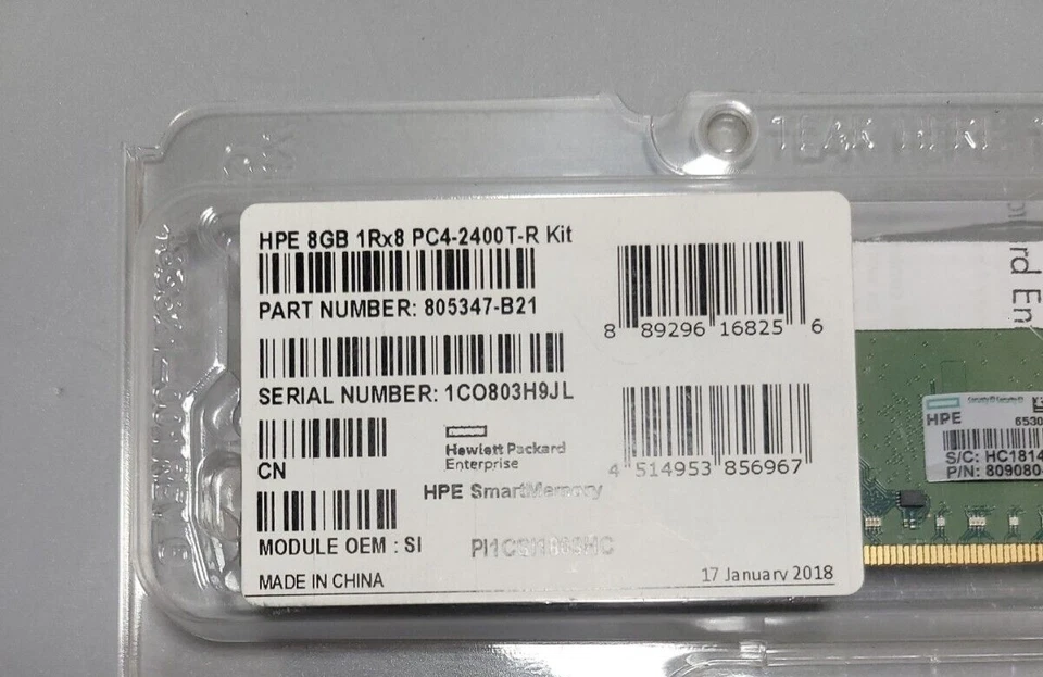 HPEnterprise OEM 805347-B21 / HPE Server Memory RAM 8GB 1Rx8 PC4-2400T-R Kit - Image 3 of 4
