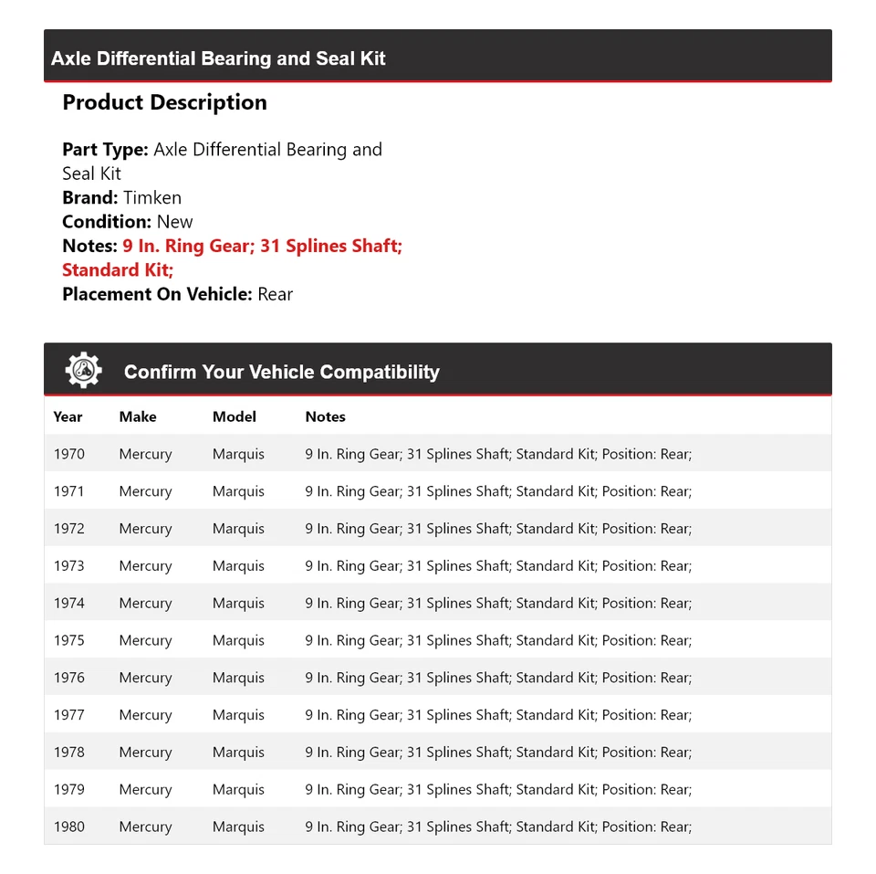 适用于 1970 - 1980 年 Mercury Marquis 轴差速轴承和密封套件后铁姆肯公司 — 第 2/3 张图片