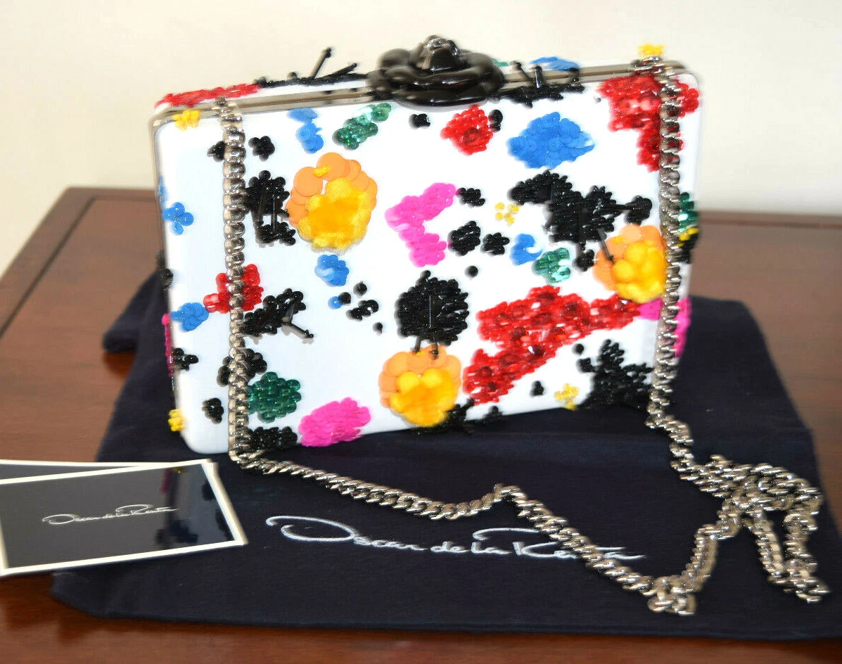 Pochette De Soirée Oscar De La Renta - Paillettes Satin Noir Et Perles - Minaudière Neuve Avec étiquettes