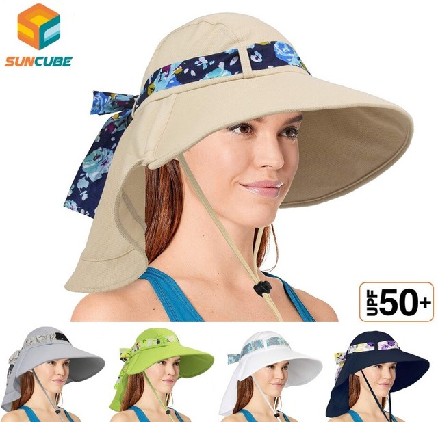 Sun Hat with Neck Flap Wide Brim Sun Protection Chin Strap for Women