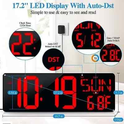 Large Digital Wall Clock with Remote Control 17.2