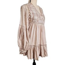 Free People Boho Embroidered Mini Tan Dress or Shirt Size XS