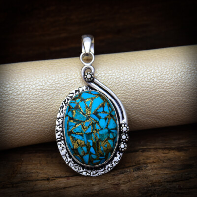 Lush Blau Kupfer Türkis Edelstein 925 Sterlingsilber Handmade Anhänger 6.3cm