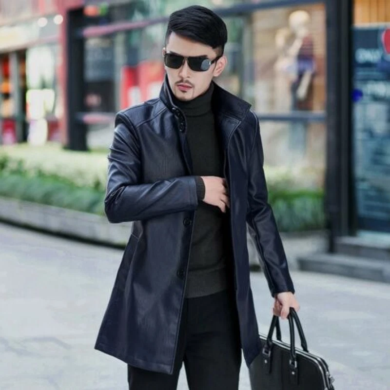 Mens Business Trench Coat Parka Leather Jacket Long Sleeve Overcoat Stand Collar