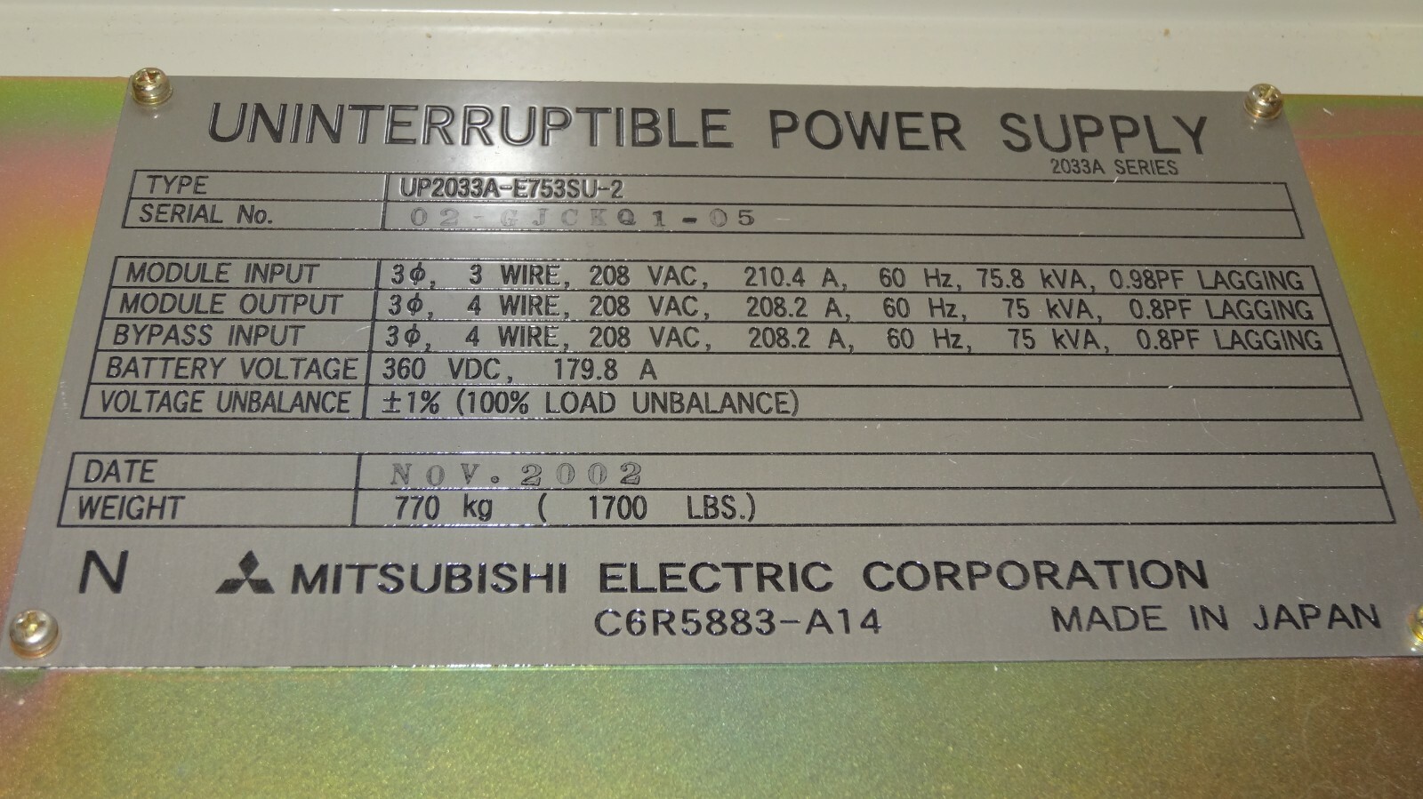 Mitsubishi 400A 208/120V 3Ph 4W 2 Breaker Maintenance Bypass 