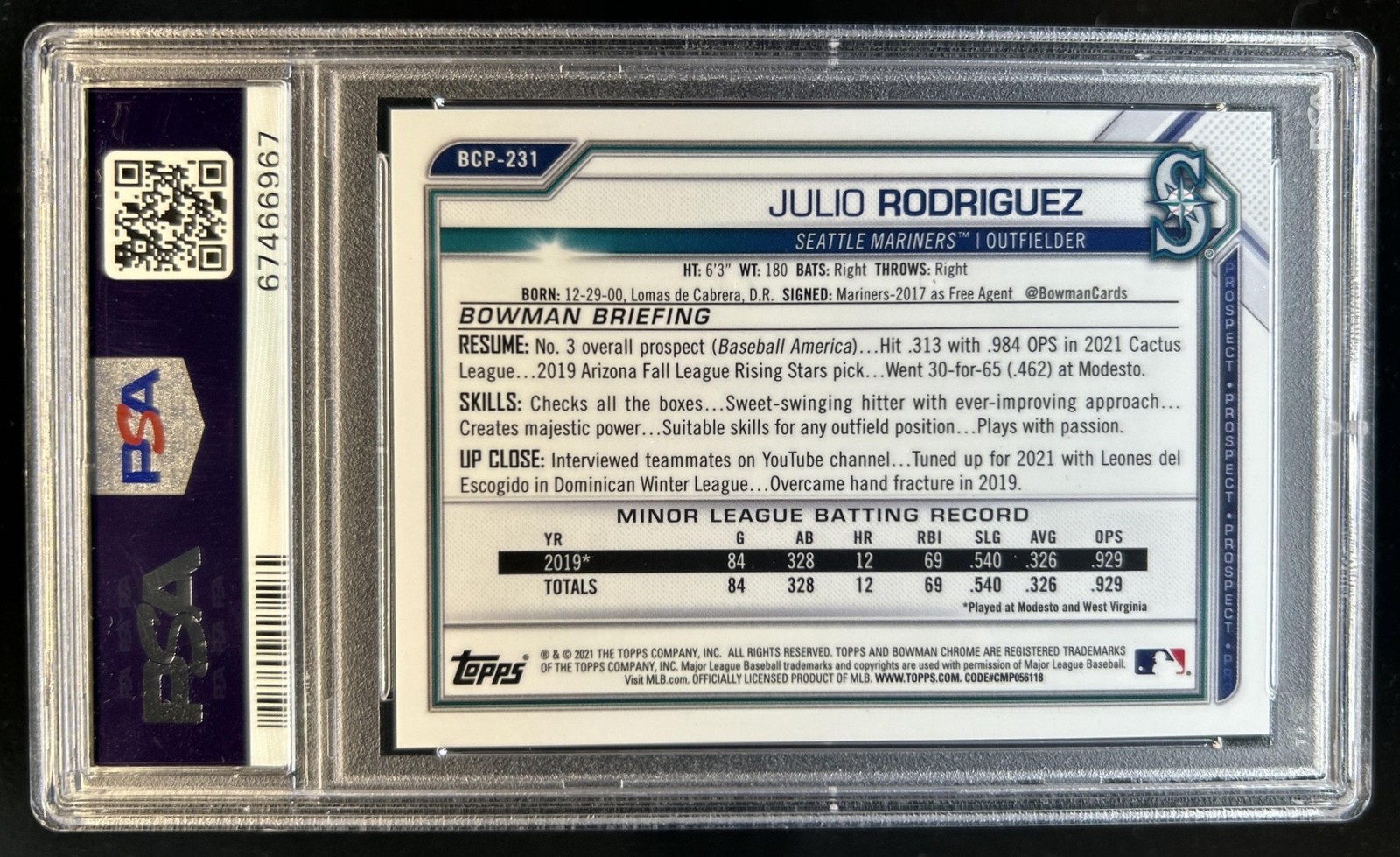 2021 Bowman Chrome Sapphire Julio Rodriguez Yellow Refractor #/50 PSA 10 view 2