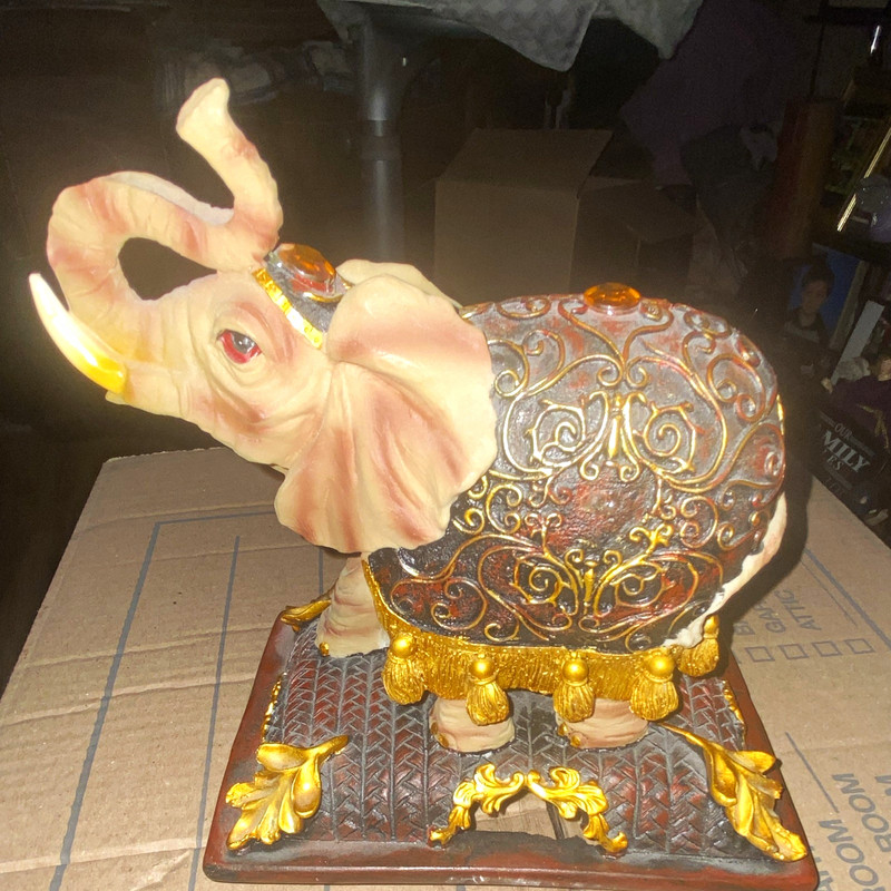 Decorative Elephant Figurine Statue with Jeweled Ornate Gold Scrollwork Base