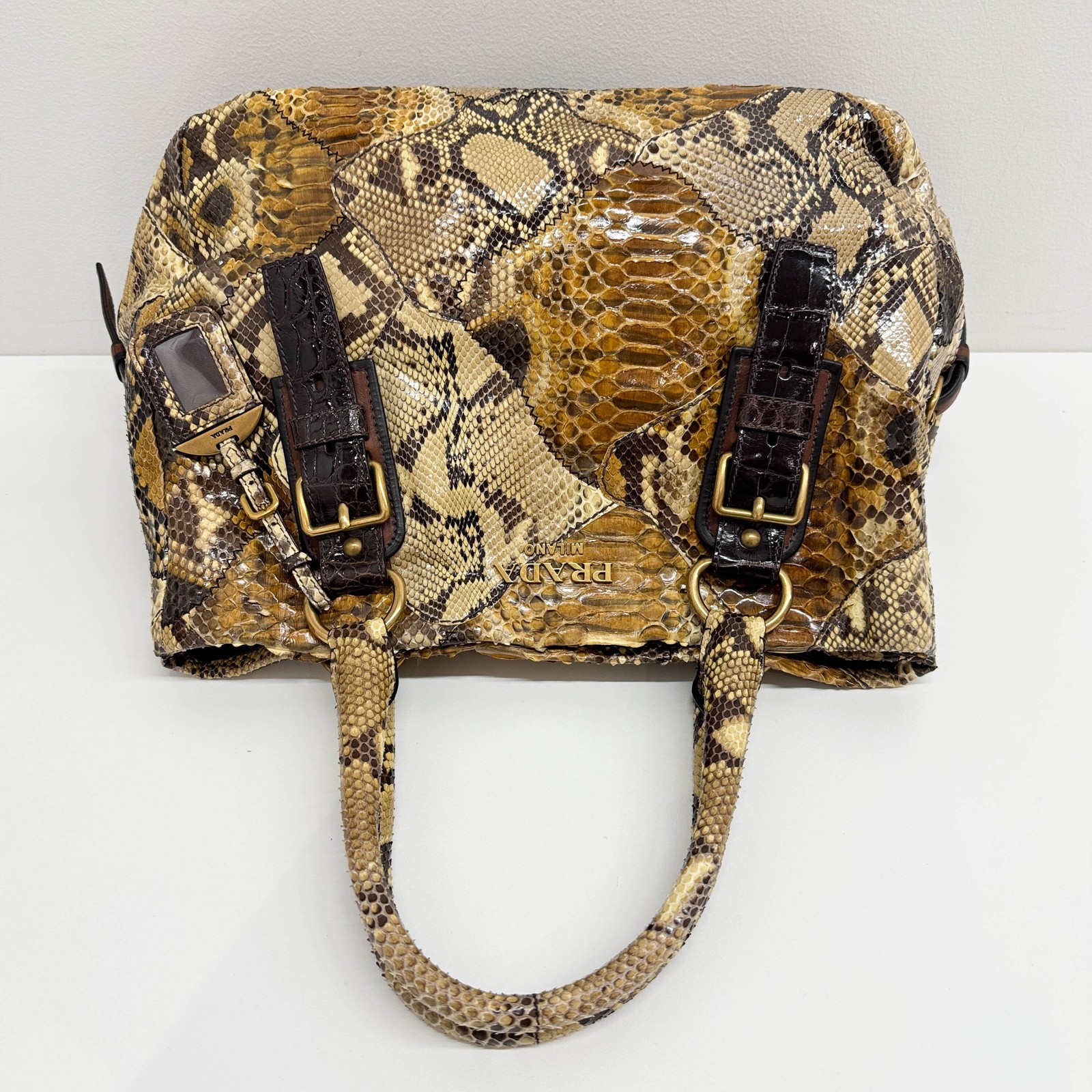 PRADA Patchwork Brown Python Print Embossed Leath… - image 7