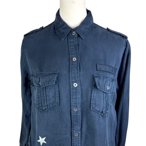 Rails M Kato Black Tencel Star Print Long Sleeve Button Up Military Shirt Jacket - Picture 8 of 14