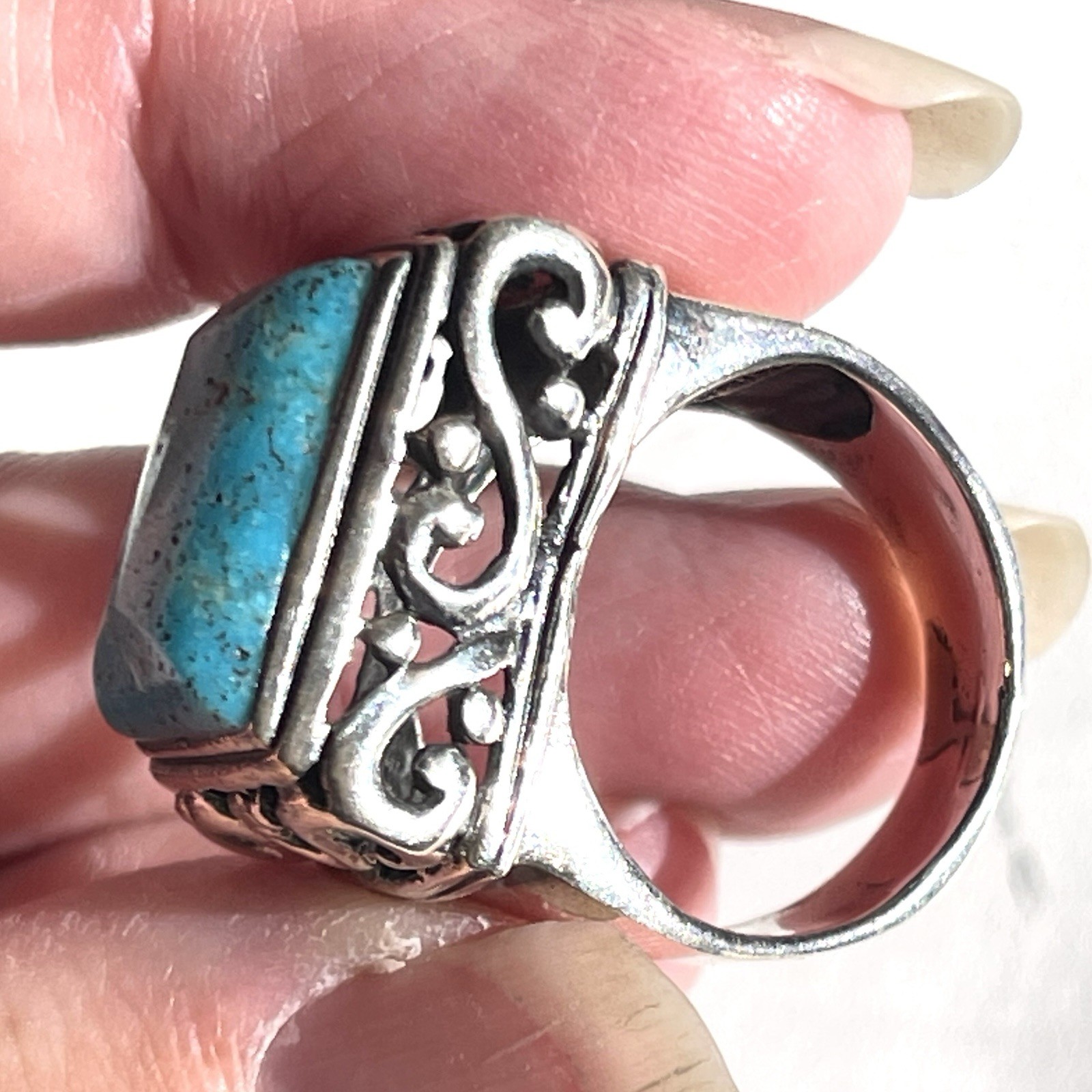 Blue Turquoise and Silver Statement Ring with Dec… - image 5