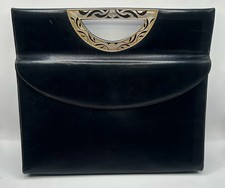 Vintage 1960s Mod Black Leather Clutch with Cutout Metal Handle
