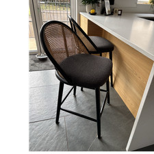 Set of 2 Black Bar Stools with Rattan Back and Fabric Seats, Kitchen