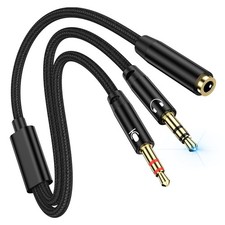 PC Headset Splitter Cable 3.5mm Mic AUX Audio Computer Headphone Black