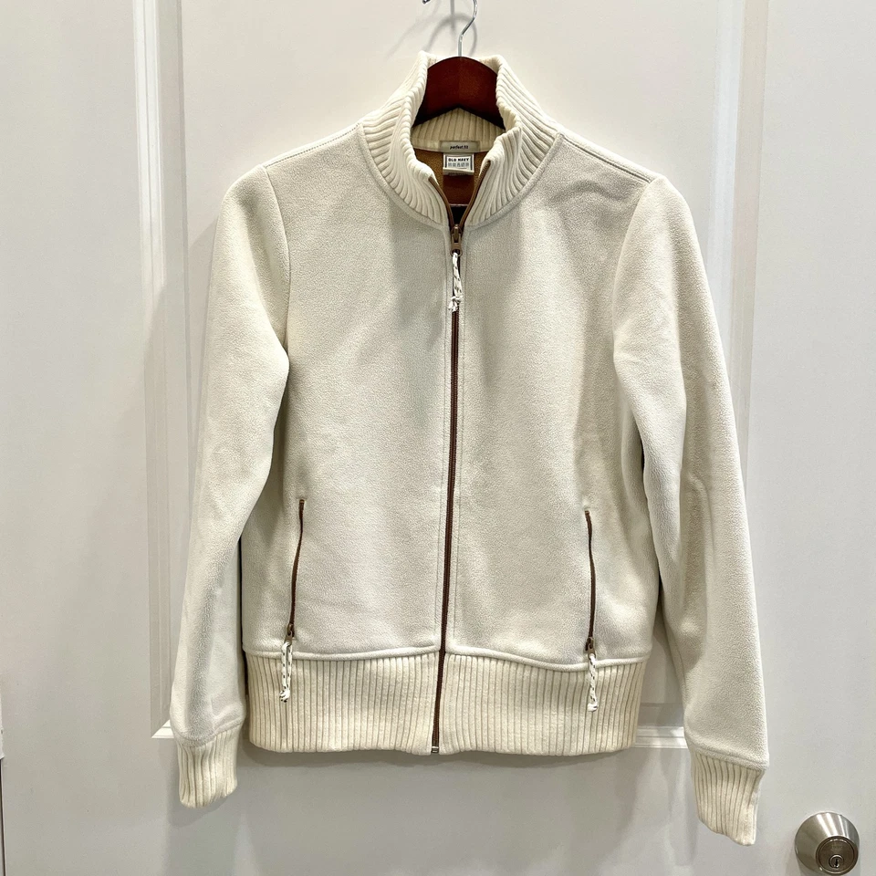 Antigua Chaqueta Azul Marino Para Mujer Mediana Blanca Cremallera Completa Polar Cuello Acanalado Acogedores Bolsillos Foto 4 de 4