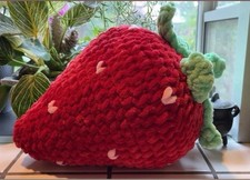 Handmade Large Red Plush Strawberry Decor Pillow with Green Leaves