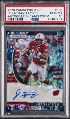 2020 PANINI PRIZM DRAFT PICKS AUTO-CAMO PRIZM #106 JONATHAN TAYLOR #/25 PSA 10