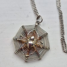 Vintage 925 Sterling Silver Filigree Spider On Web Pendant Necklace 20" 3.g